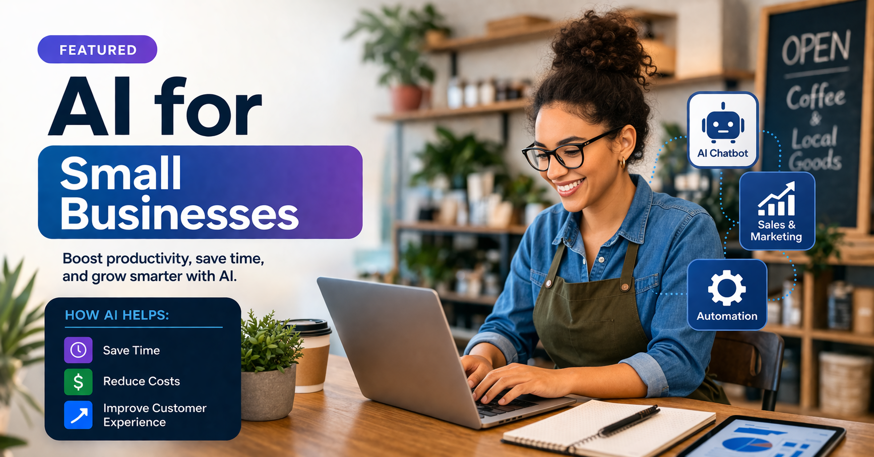 AI for small businesses blog banner showing a small business owner using a laptop with AI icons representing automation, sales, marketing, and chatbot support, highlighting productivity, cost savings, and improved customer experience.