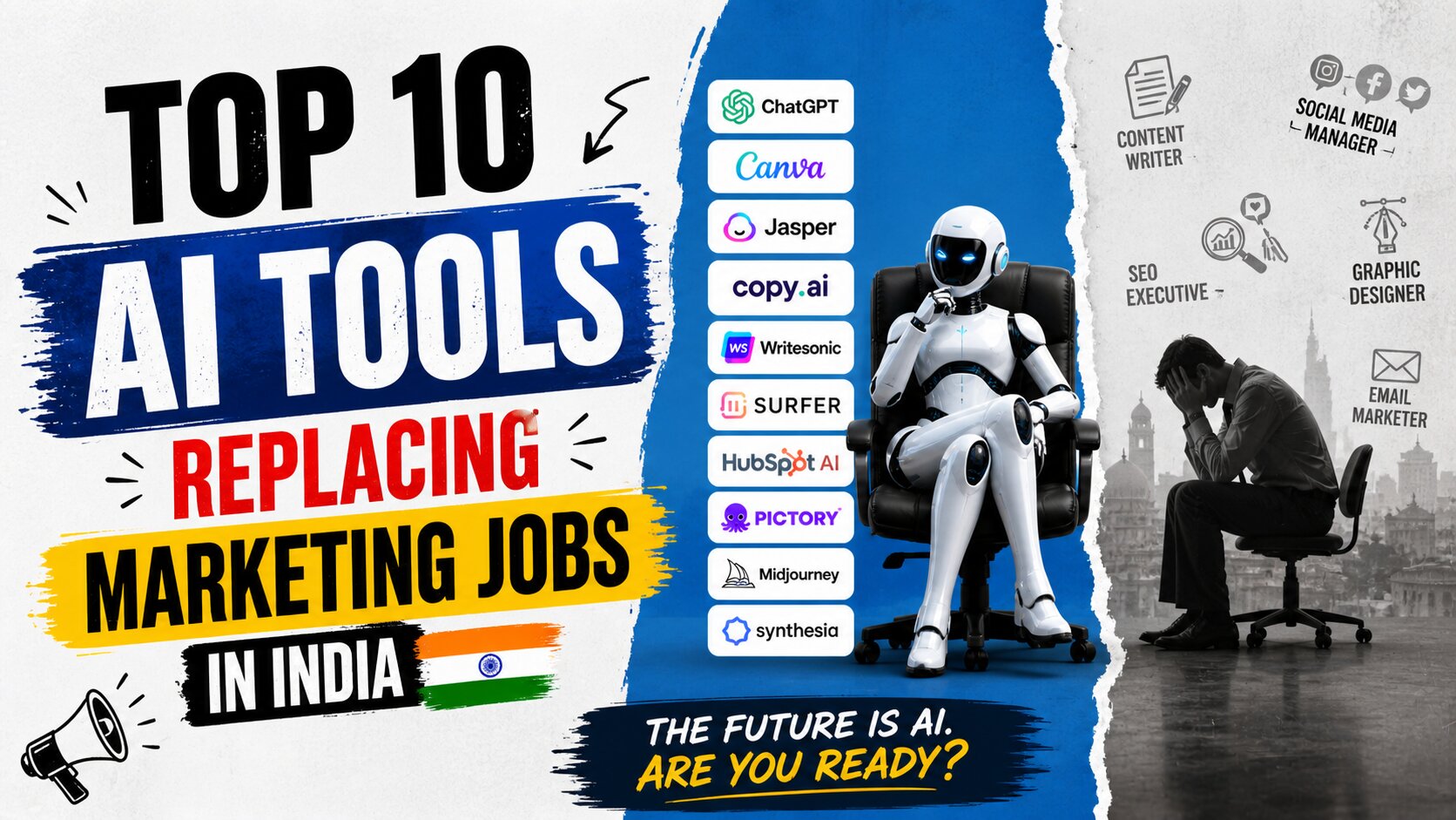Top 10 AI tools rapidly replacing marketing jobs in India in 2026 — ChatGPT, Canva, Jasper, Surfer SEO and more