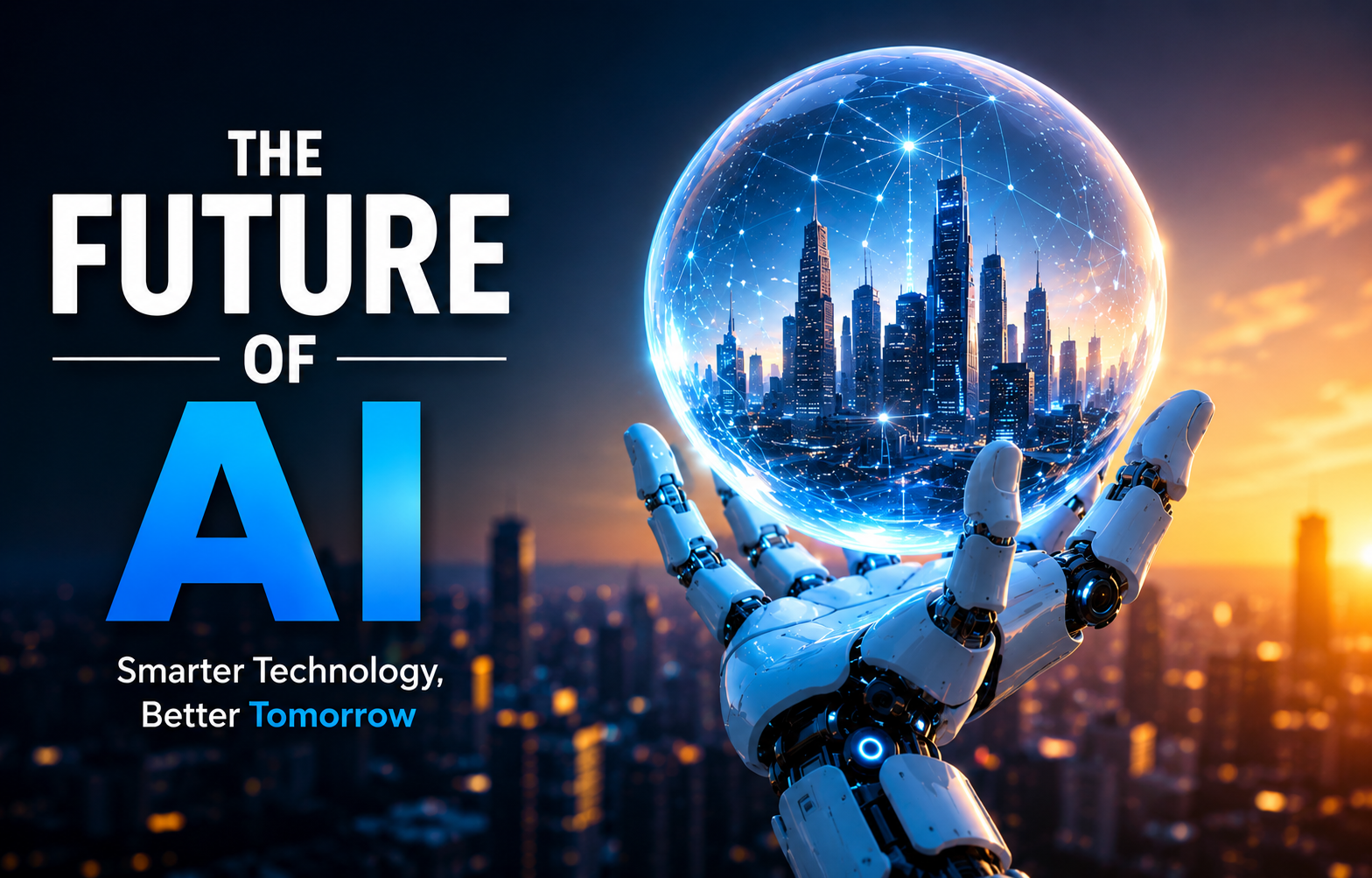 Robotic hand holding a glowing globe with a futuristic city skyline — representing the future of AI for Indian businesses