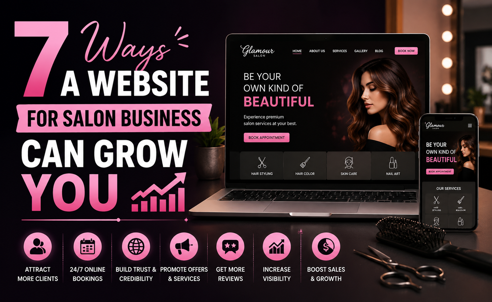 7 ways a website can grow your salon business — featured image showing salon website design on laptop and mobile