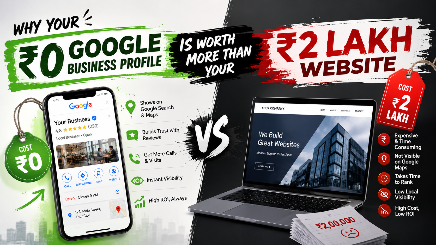 Google Business Profile on mobile showing ₹0 cost versus a ₹2 lakh website on laptop highlighting why Indian SMBs should prioritise free Google business listing optimization