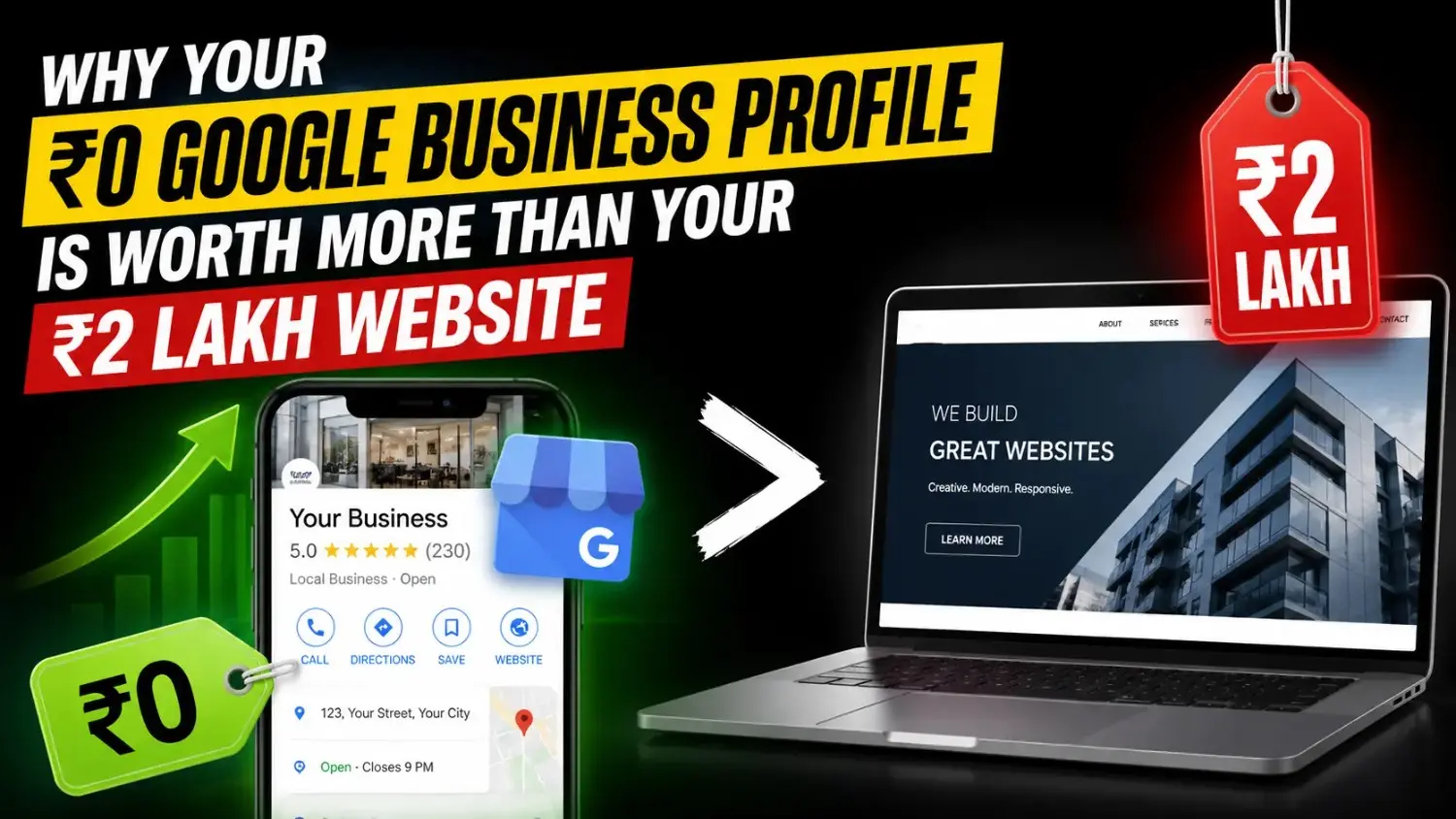 Google Business Profile on mobile showing ₹0 cost versus a ₹2 lakh website on laptop highlighting why Indian SMBs should prioritise free Google business listing optimization