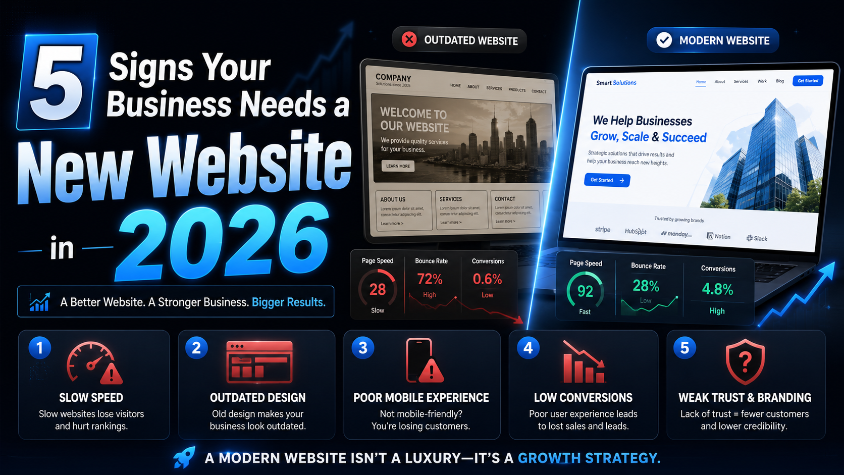Infographic showing 5 signs your business needs a new website in 2026 featuring comparisons of outdated versus modern website designs with metrics for slow speed, outdated design, poor mobile experience, low conversions, and weak trust signals