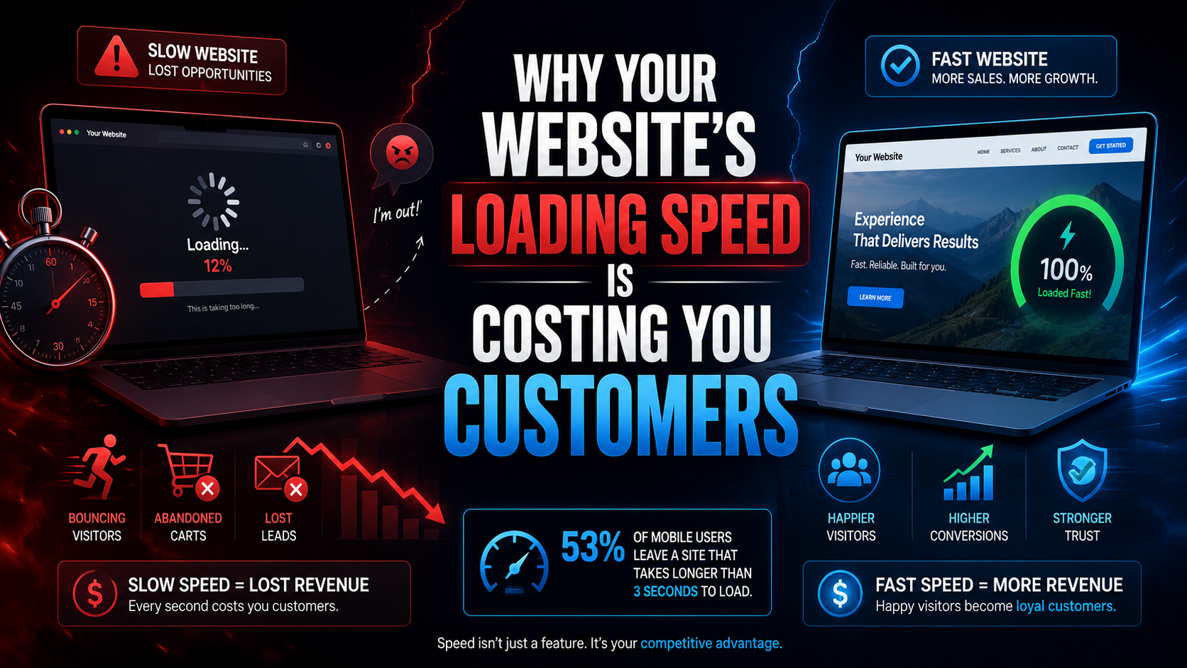 Infographic comparing slow website loading speed versus fast website speed showing a speedometer gauge with 53 percent bounce rate statistic and side-by-side comparison of lost revenue from slow sites versus higher conversions from optimized fast loading 
