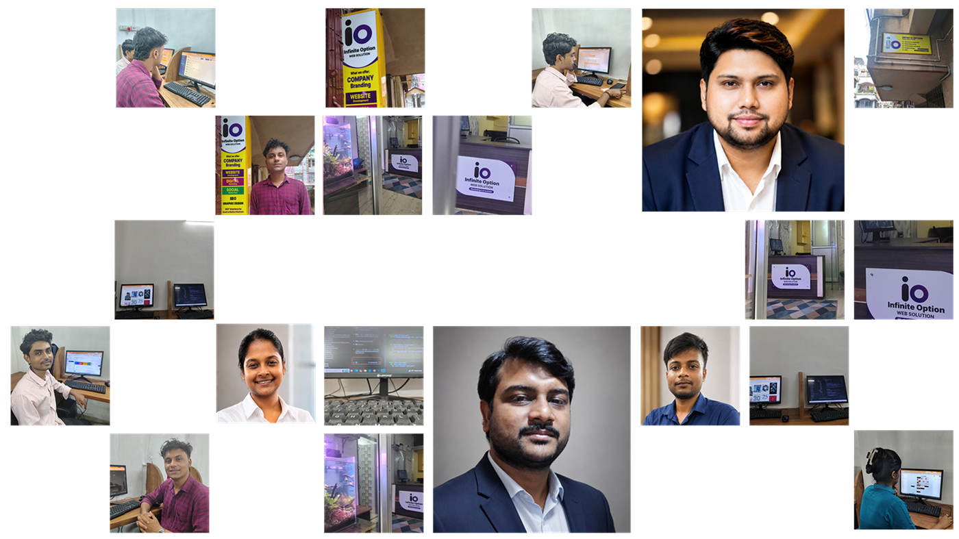 Collage of the Infinite Option in-house web development and digital marketing team working in the Howrah office