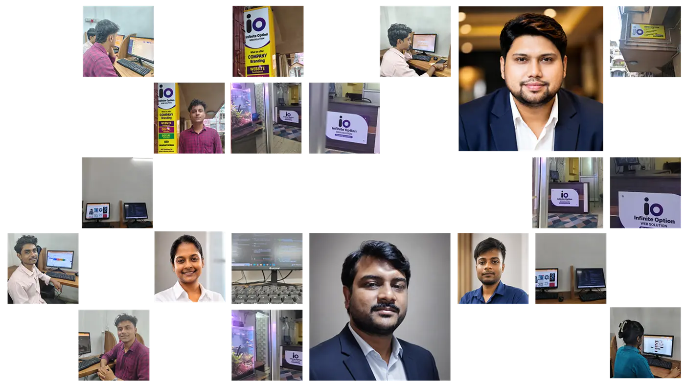 Collage of the Infinite Option in-house web development and digital marketing team working in the Howrah office
