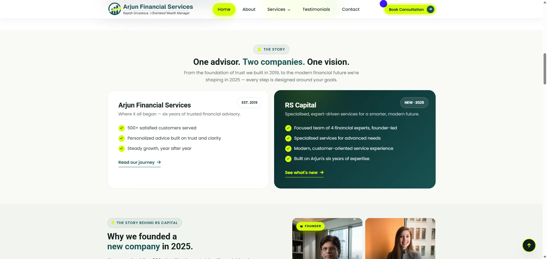 Arjun Financial Services — about page with founder experience, client relationships and trust indicators