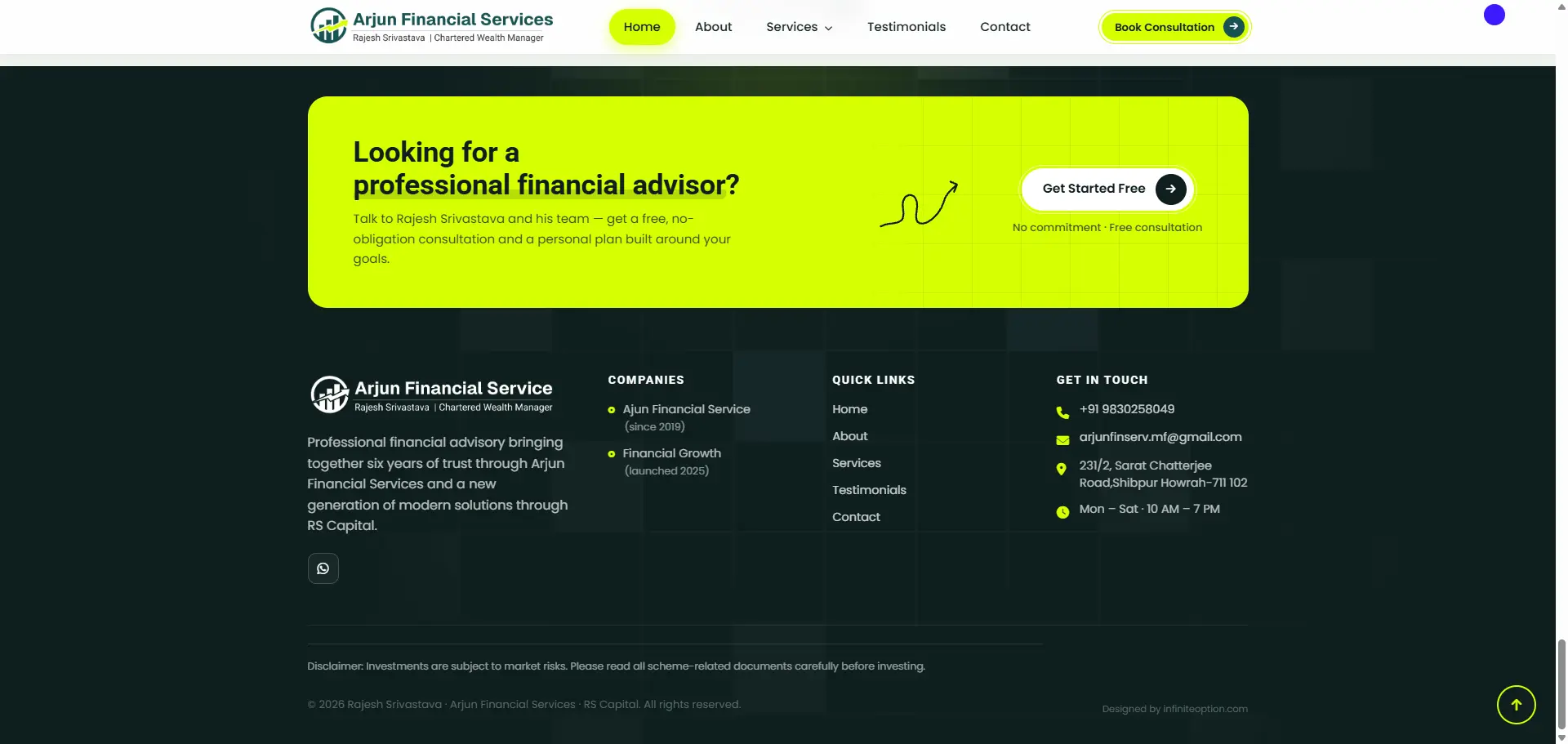 Arjun Financial Services — about page with founder experience, client relationships and trust indicators