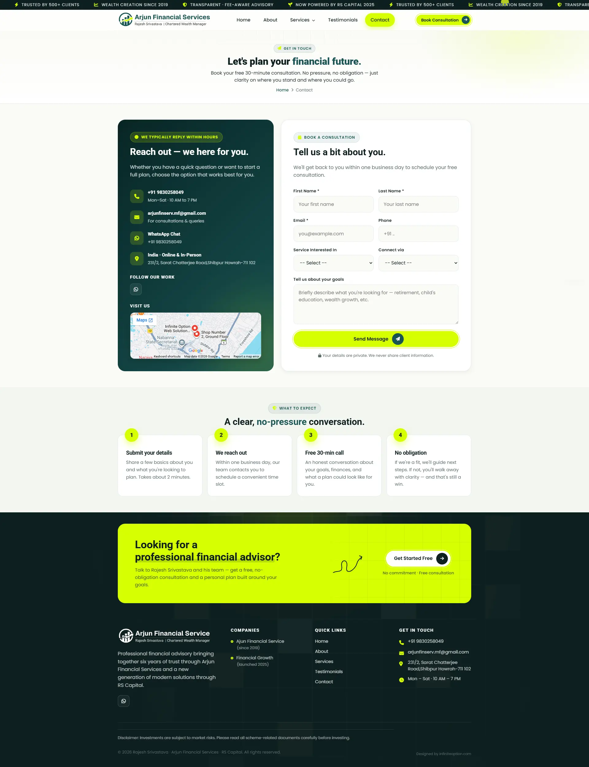 Arjun Financial Services — about page with founder experience, client relationships and trust indicators