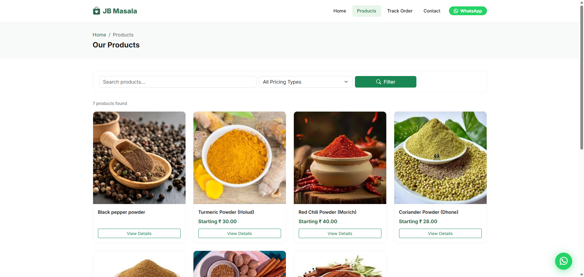 JB Masala — product detail page for a masala powder with packaging, quality and bulk pricing information