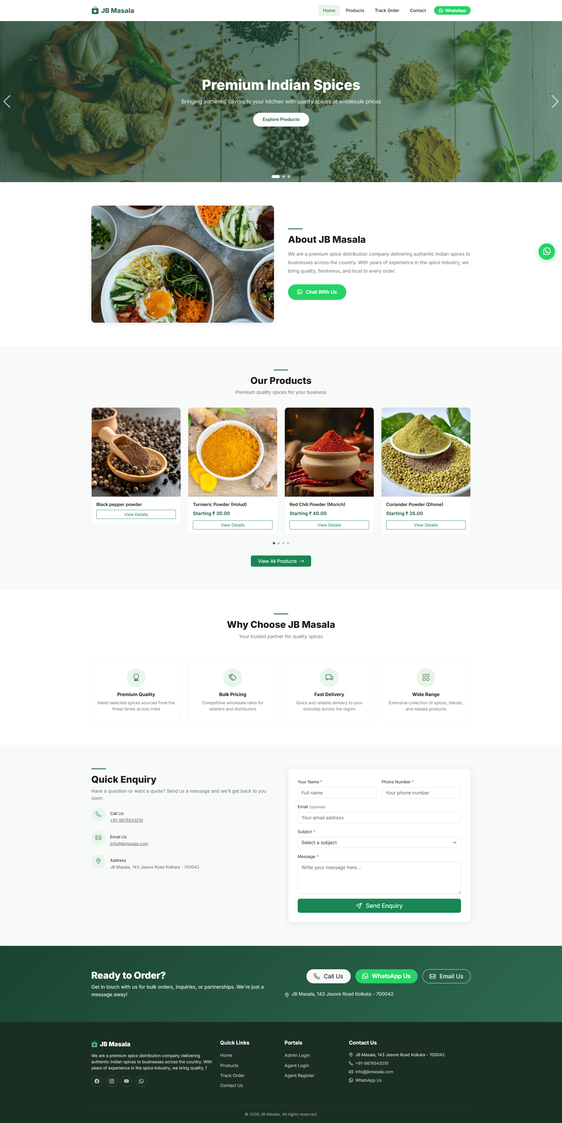 JB Masala — Quick Enquiry form with Call, Email and WhatsApp options for bulk-order quotations