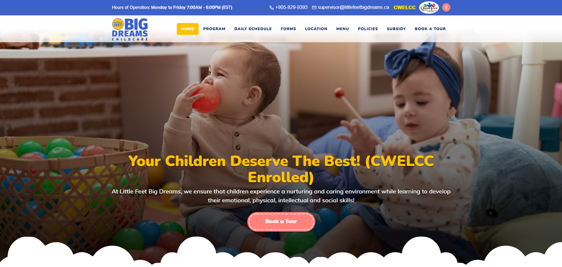 Little Feet Big Dreams — home page hero and Book a Tour call to action