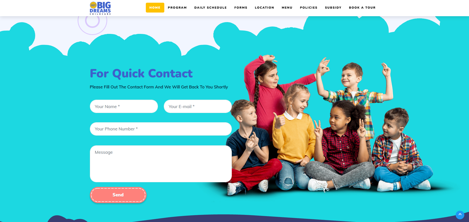 Little Feet Big Dreams — Book a Tour form, location map and testimonials