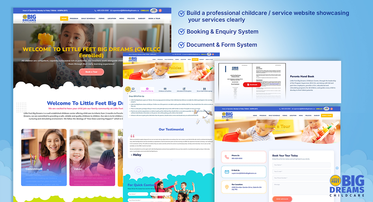 Little Feet Big Dreams — website screens, booking and enquiry system and document forms