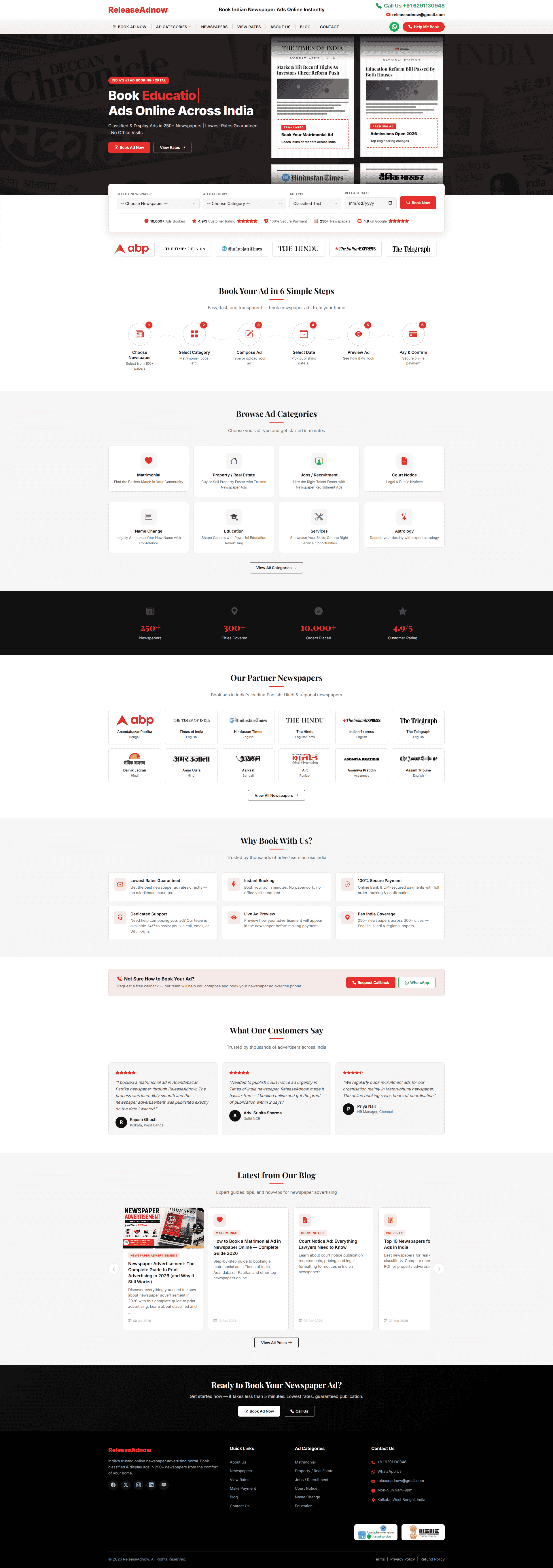 ReleaseAdNow — booking flow with ad type, newspaper selection and release date