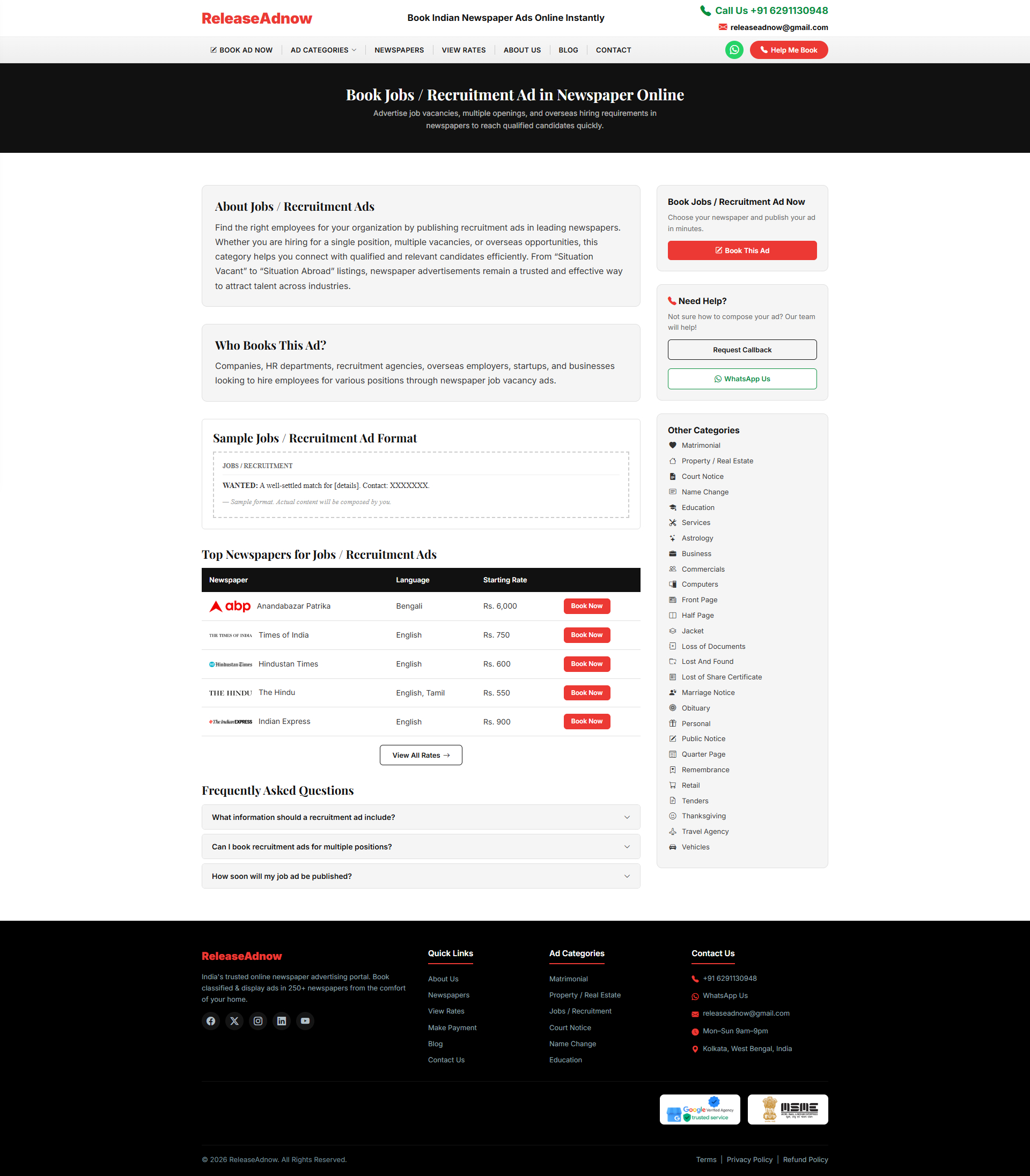 ReleaseAdNow — booking flow with ad type, newspaper selection and release date