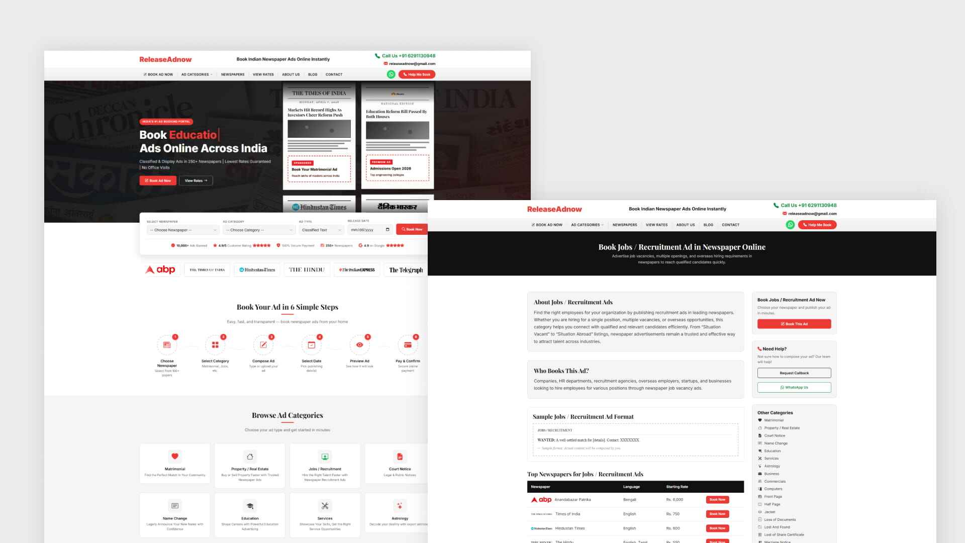 ReleaseAdNow — online newspaper advertisement booking website home page